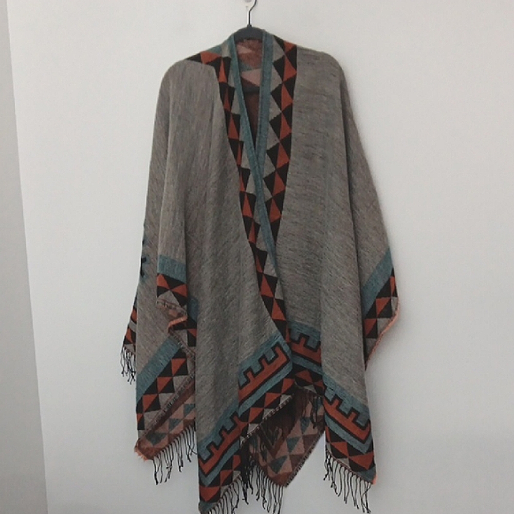 Urban Coco Shawl Poncho Geometric Patterned with Fringe Aztec Gray Orange Blue